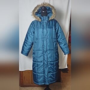 Totes Weather Stoppers Long Teal Blue Puffer Coat with Faux Fur size Med